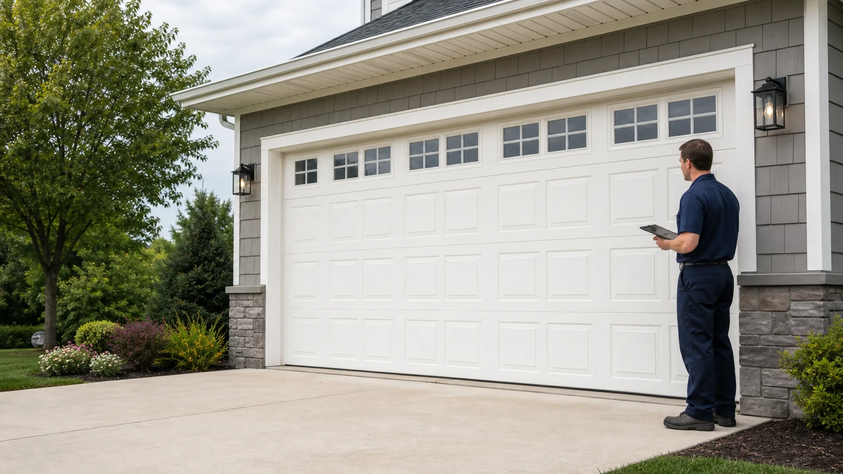 Completed white residential garage door on a Greater Cleveland home