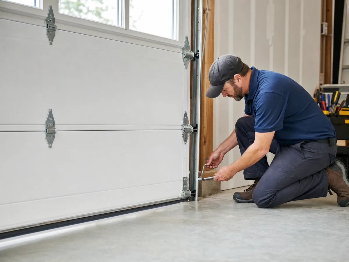 Technician repairing residential garage door hardware
